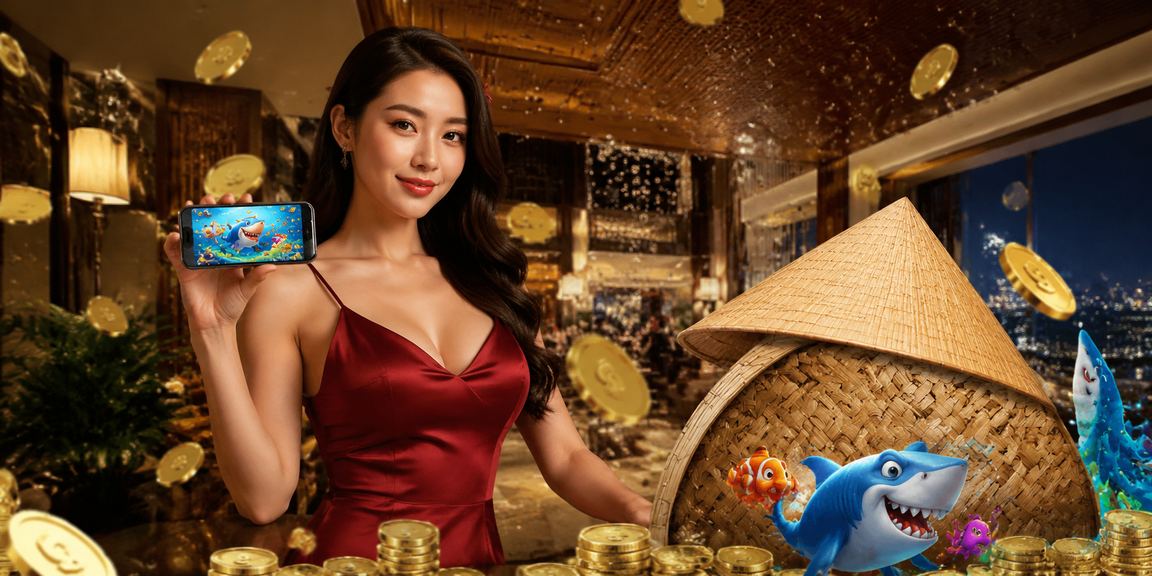 Trò chơi bắn cá truyền thống tại Huế với hình ảnh nón lá đặc trưng miền Trung Việt Nam